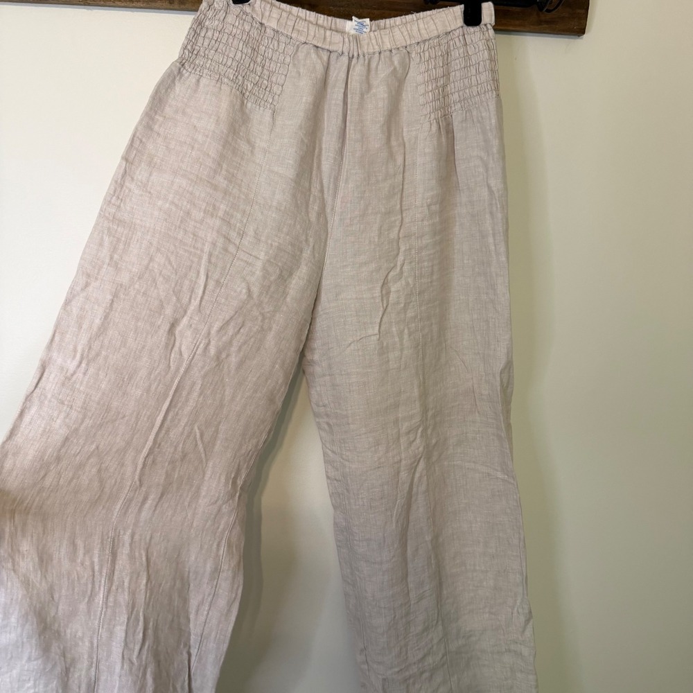 Sigrid Olsen Womens 100% Linen Wide Leg Smocked Waist Pants Beige Medium